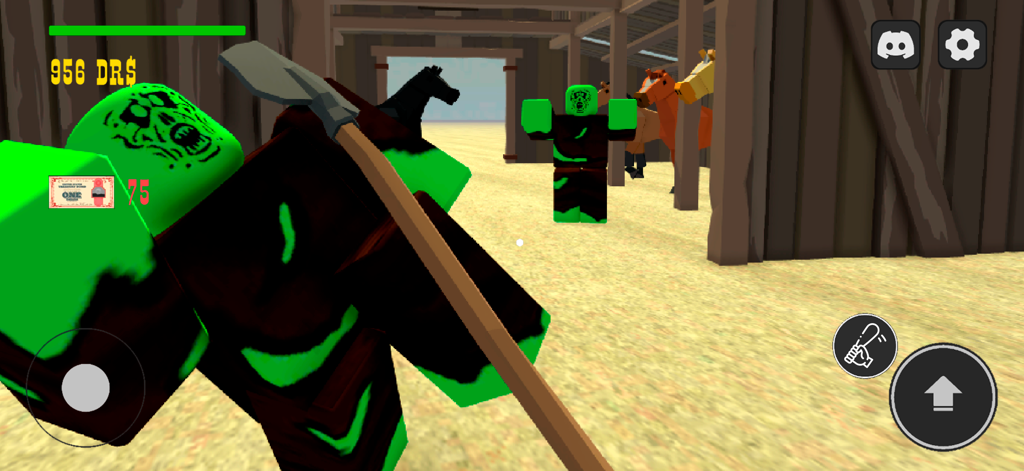 Dead Rails: Train Survival - A player uses a melee weapon to fight green mutants in a barn with horses in Dead Rails Train Survival