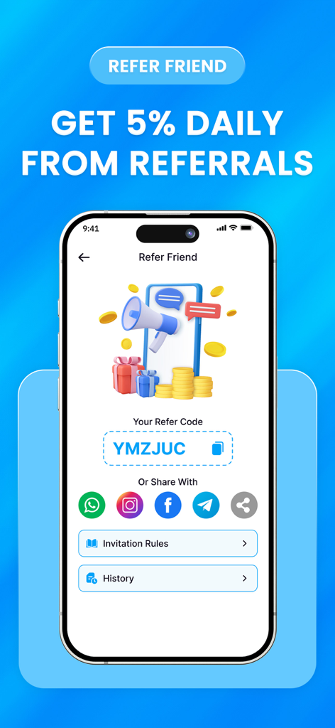 Giga Miner: Bitcoin Mining - Giga Miner app referral screen showing a 5% daily bonus for inviting friends with a unique referral code and social sharing options.