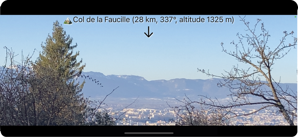 Azimuth - Orientation table - Vue AR de l'application Azimut identifiant le col de la Faucille avec des informations sur la distance et l'altitude