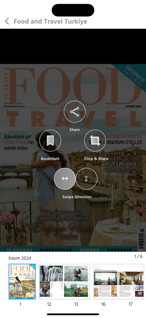 Food and Travel Turkiye - Interfaz interactiva de revista digital de la aplicación Food and Travel Turkiye mostrando la portada de la edición de noviembre de 2024 y las herramientas de navegación.