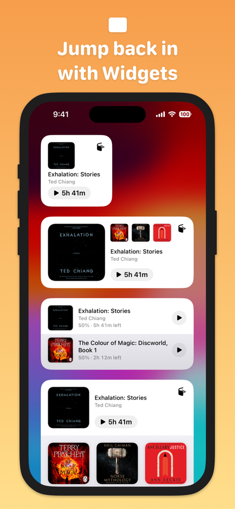 Every Word: Audiobook Player - A collection of Every Word audiobook player widgets on an iPhone home screen displaying book titles and playback progress