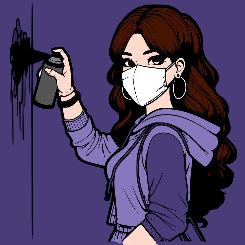 realistic girl with mask spray painting a wall