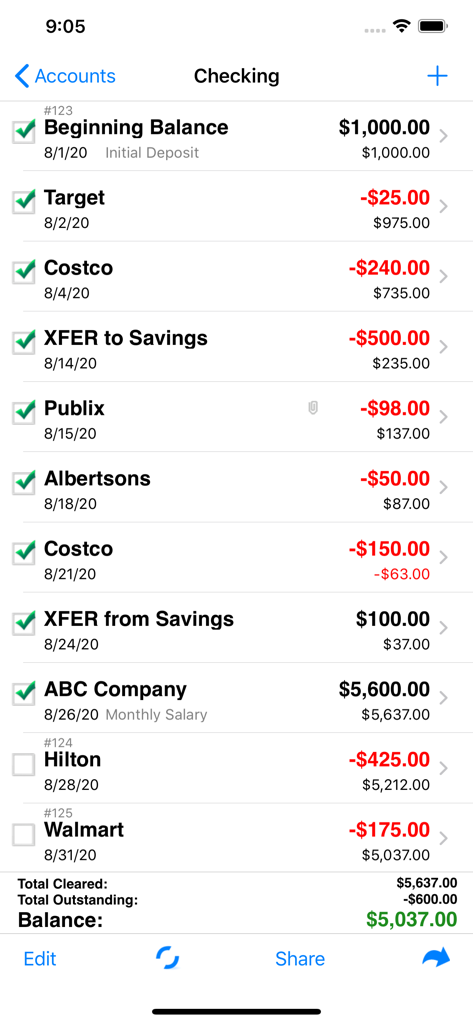 Digital checkbook register showing transaction history and account reconciliation summary