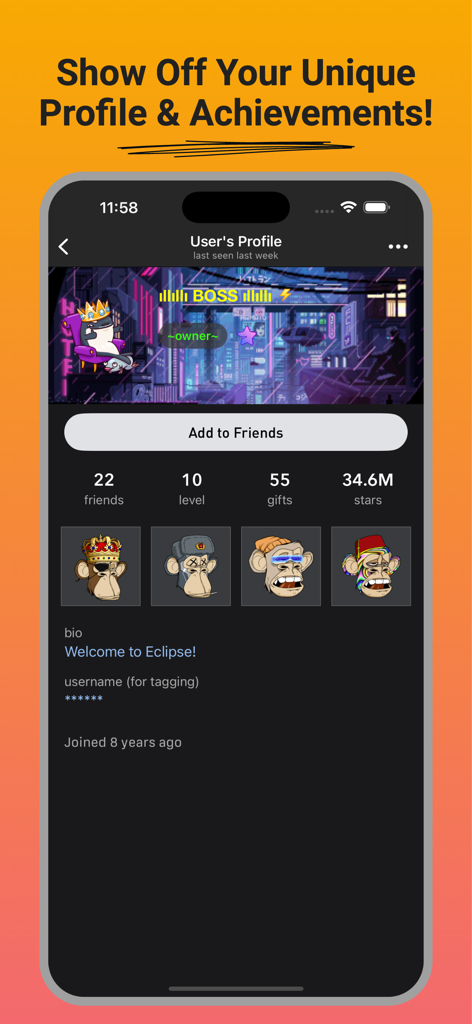 Uno screenshot mobile che mostra un profilo utente sull'app Eclipse con statistiche sociali e oggetti digitali da collezione.