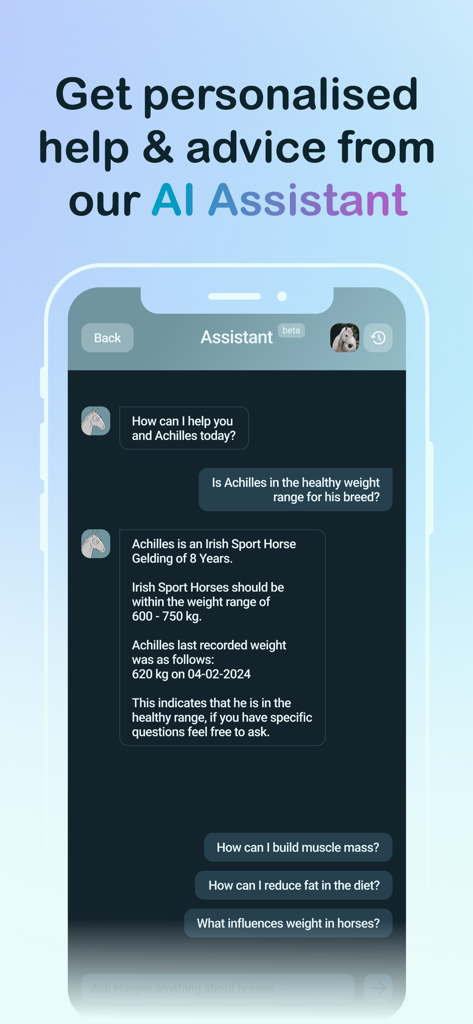 Happie Horse Management - AI Assistant chat interface in the Happie Horse app providing personalized equine health and weight advice