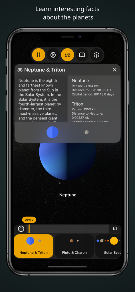 Educational screen showing detailed facts and data about planet Neptune and moon Triton in the solAR app