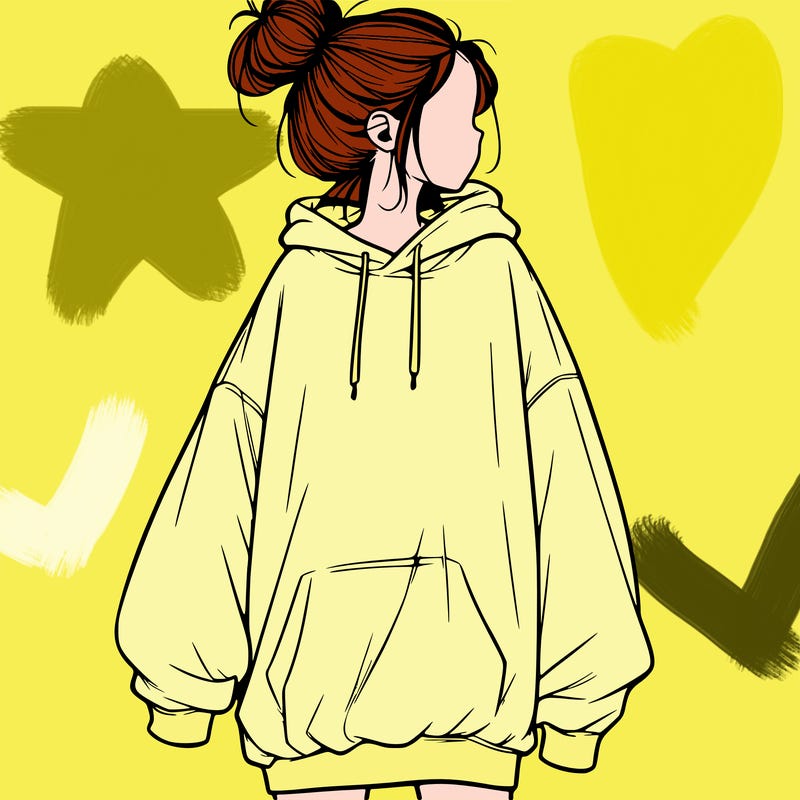 realistic girl with a oversized sweatshirt on and a bun