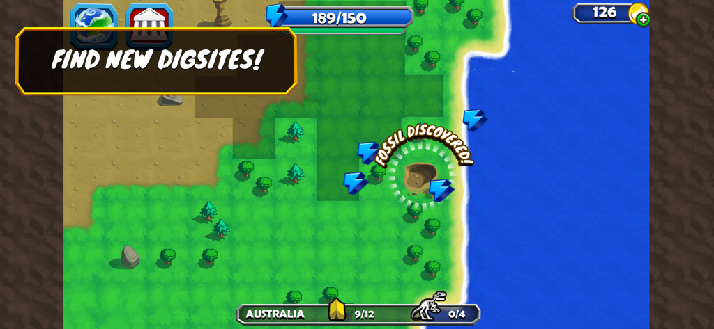 Dino Quest: Fossil Games - Dino Quest game screen showing a fossil discovery on a map of Australia