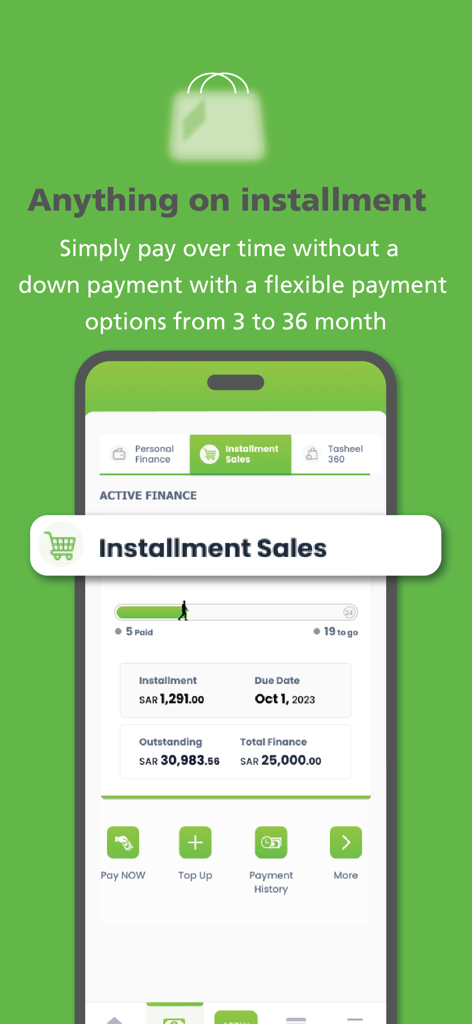 TAS HEEL Finance mobile app dashboard showing installment sale details and payment progress