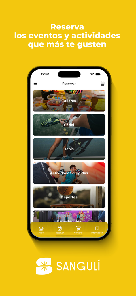Sangulí - A smartphone displaying the Sanguli app activity booking screen with options for sports workshops and resort shows on a yellow background.