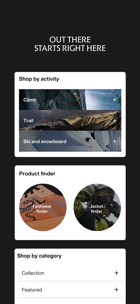 Arc'teryx - Outdoor Gear Shop - Arcteryx mobile app interface featuring shop by activity and product finder sections