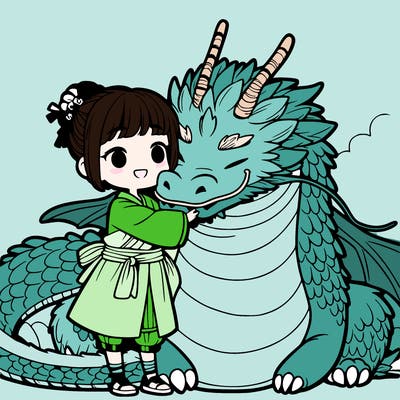 a girl hugging a dragon monster