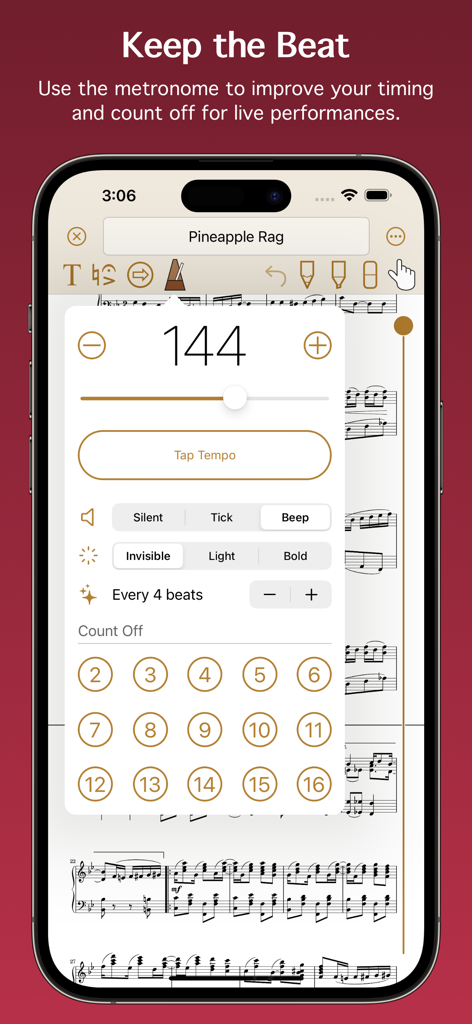 Metronome interface in the Paperless Music app for setting tempo and count off.