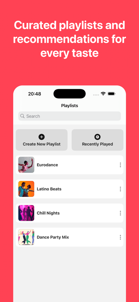 MusiX Pro app interface showing curated music playlists and recommendations