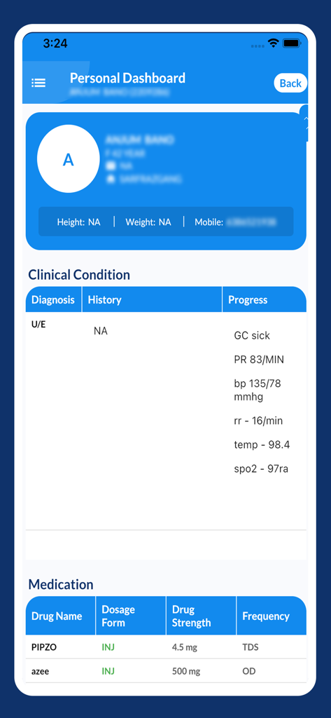 Digi Doctor HIS - Digi Doctor HIS app interface displaying a patient personal dashboard with clinical condition vitals and medication records.