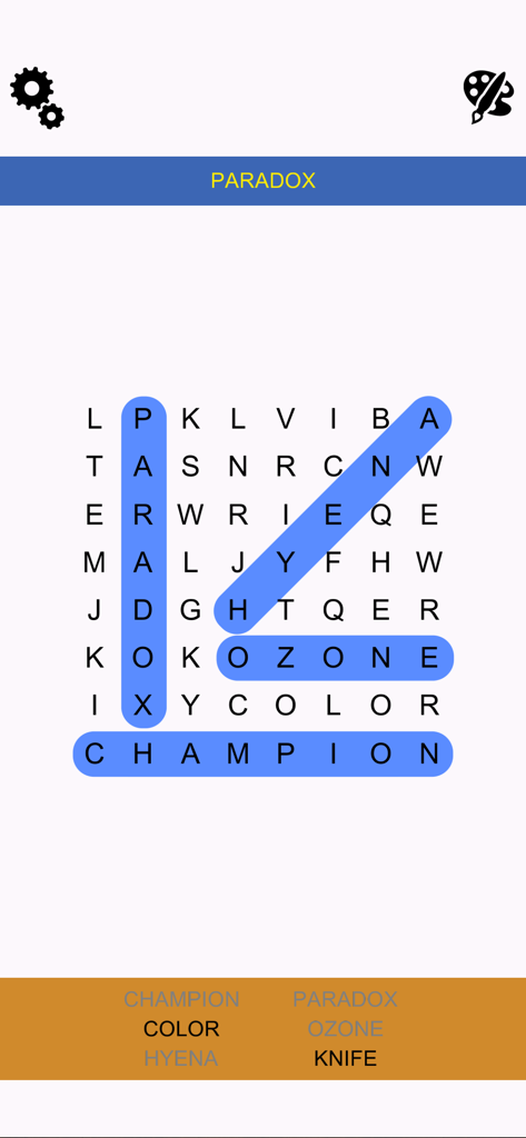 Word Search Epic - A word search puzzle grid with words like Paradox and Champion highlighted in blue.