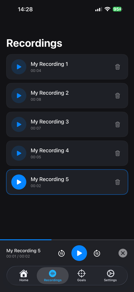 A screen showing a list of saved voice recordings with playback controls for interview practice self-evaluation.