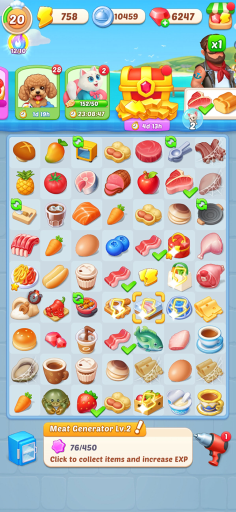 Happy Cooking Merge - In-game screenshot of Happy Cooking Merge showing a grid filled with various food items and ingredients to merge