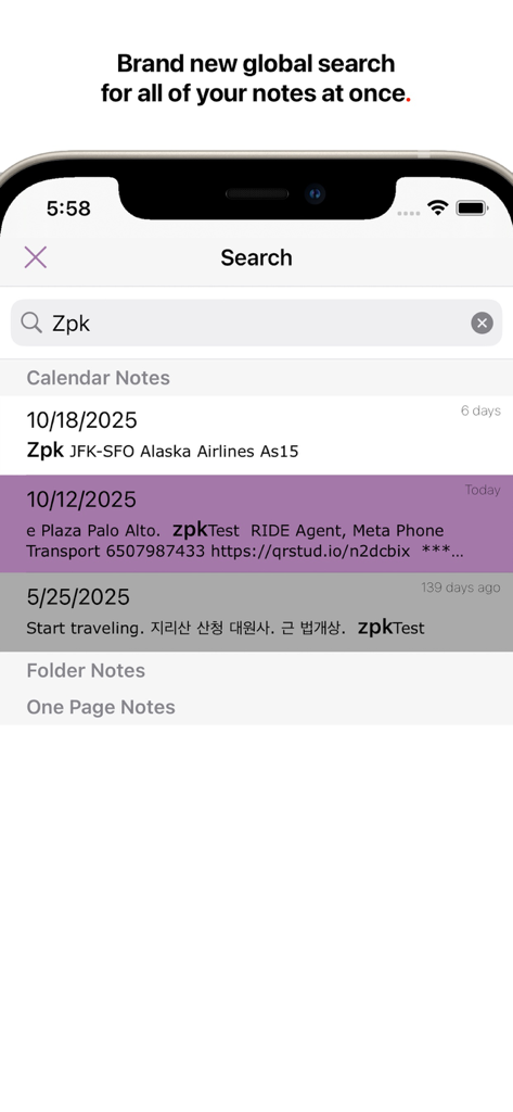 Daily Notes Planner 3 - Global search interface in Daily Notes Planner 3 showing notes categorized by date