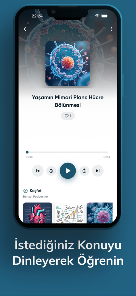 The PodRise mobile app interface showing a podcast player screen with an educational episode and similar content recommendations.