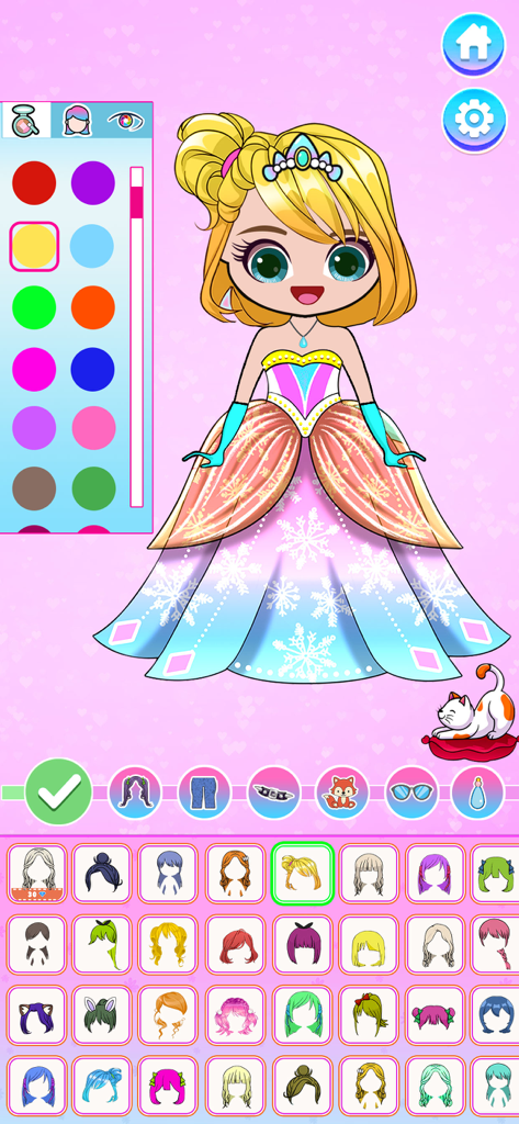 Dress Up Doll Games - Chibi doll in a ballgown with hair styling options and color palette