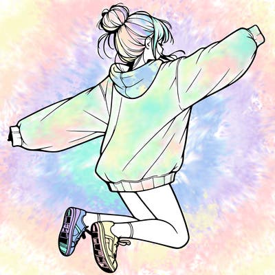 realistic girl jumping with a bun and oversized sweatshirt