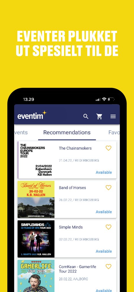Eventim Norge - Eventim Norge mobile app showing personalized event recommendations for concerts like The Chainsmokers and Simple Minds