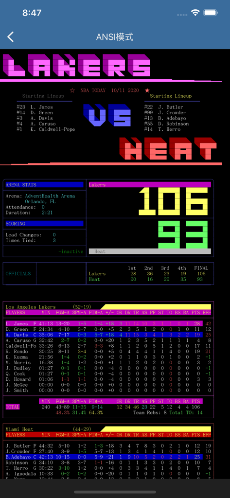 BePTT - BePTT app in ANSI mode displaying NBA basketball scores and player statistics.
