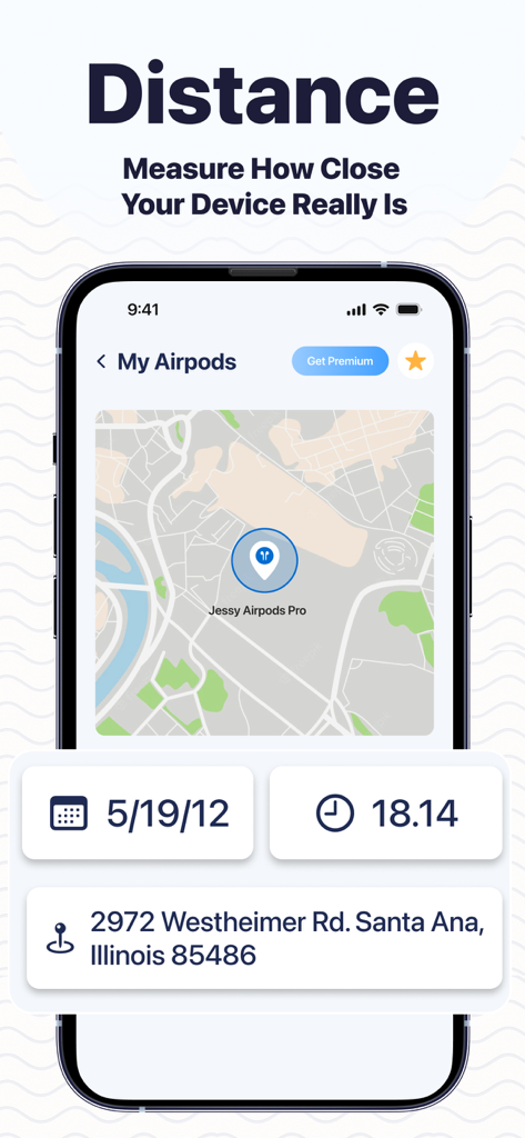 Find My Airbuds Device Finder - A smartphone screen displaying a map with the last known location and address of lost AirPods