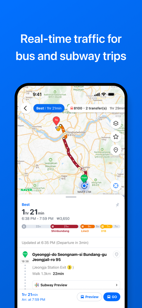 Interfaz de la aplicación NAVER Maps mostrando navegación en tiempo real de autobús y metro con tiempos de viaje y detalles de la ruta en Corea del Sur.