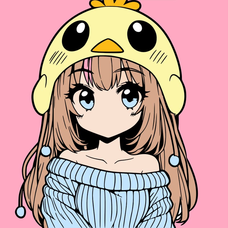 anime girl with chick shaped hat with sweater with bare shoulders with bangs covering them one eye with low tail