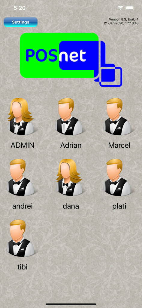 POSnet - POSnet app staff login screen showing waiter avatars for user selection