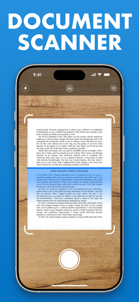 Pantalla de iPhone mostrando la función de escáner de documentos de la app iPrint escaneando un documento en papel