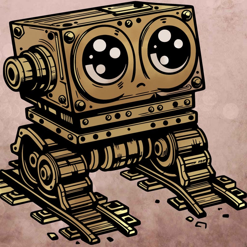 a scrap metal robot that has sort of rails as feet to move around, with big eyes, cute