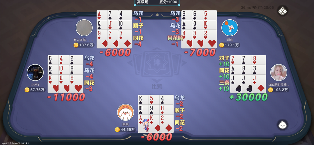 沐沐福建麻将 - Una sesión de juego de cartas regional con cinco jugadores en la aplicación móvil Mumu Fujian Mahjong