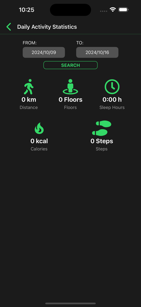 MyFitWorld - Daily activity statistics screen displaying distance floors sleep hours calories and steps