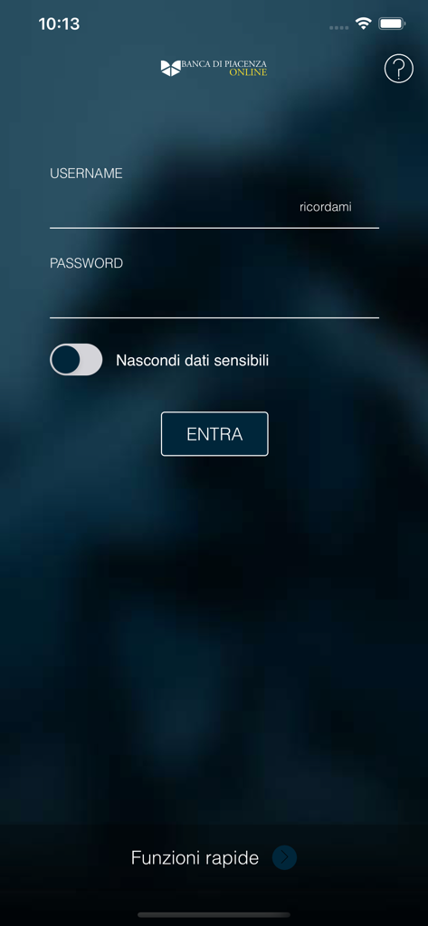 Banca di Piacenza - Interfaccia di login del mobile banking Banca di Piacenza