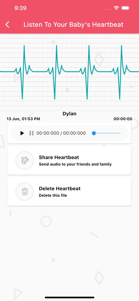 Baby's Heartbeat Backup - A mobile app screen showing a baby's heartbeat waveform with options to play share or delete the audio recording