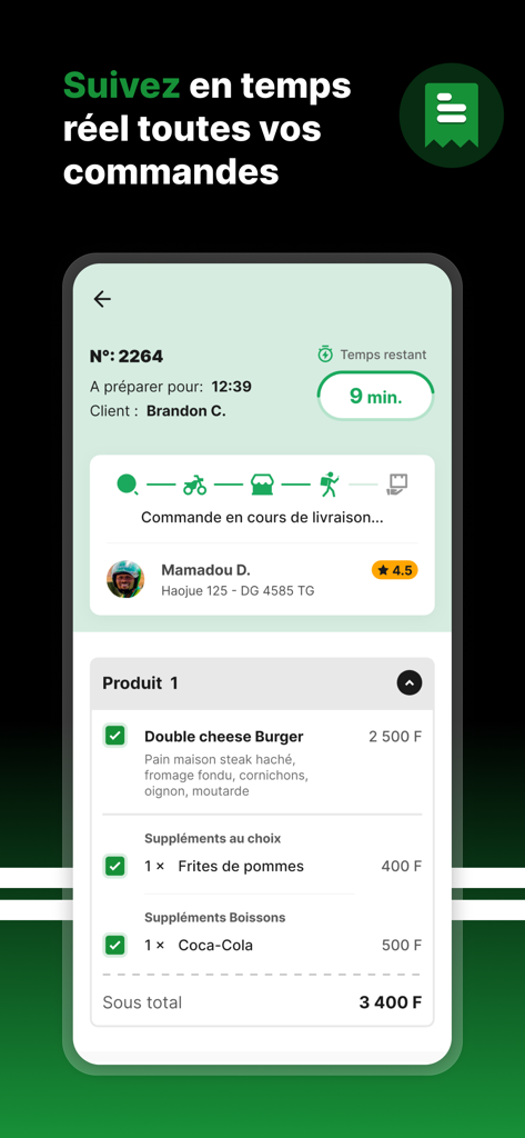Gozem Marchand - Mobile app interface of Gozem Marchand showing real time order tracking for a food delivery with courier information and timer