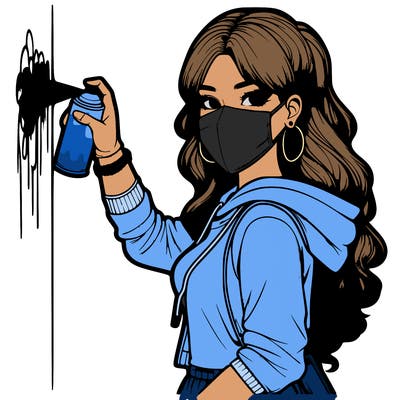realistic girl with mask spray painting a wall