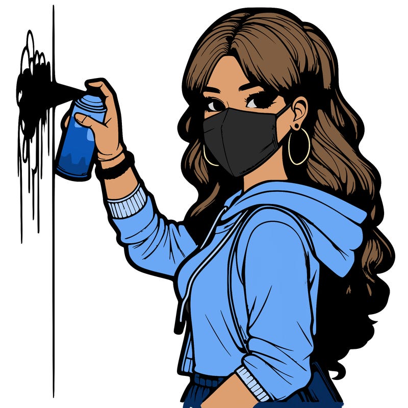 realistic girl with mask spray painting a wall