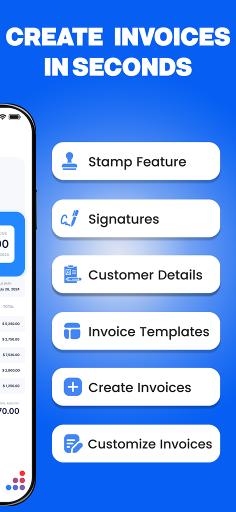 Invoice Creator, Receipt Maker - A mobile screen showing invoice creation features like signatures stamps and templates