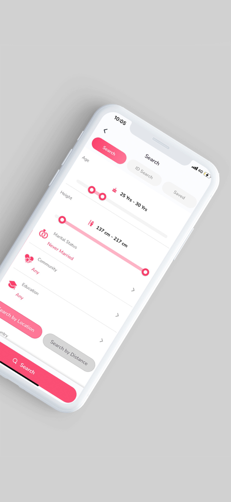 FreeNikah - Muslim Matrimony - The search interface of the FreeNikah app showing filters for age height and marital status