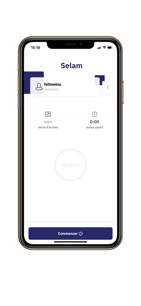 Écran employé de l'application Basme montrant l'heure d'arrivée et le suivi de la durée du travail