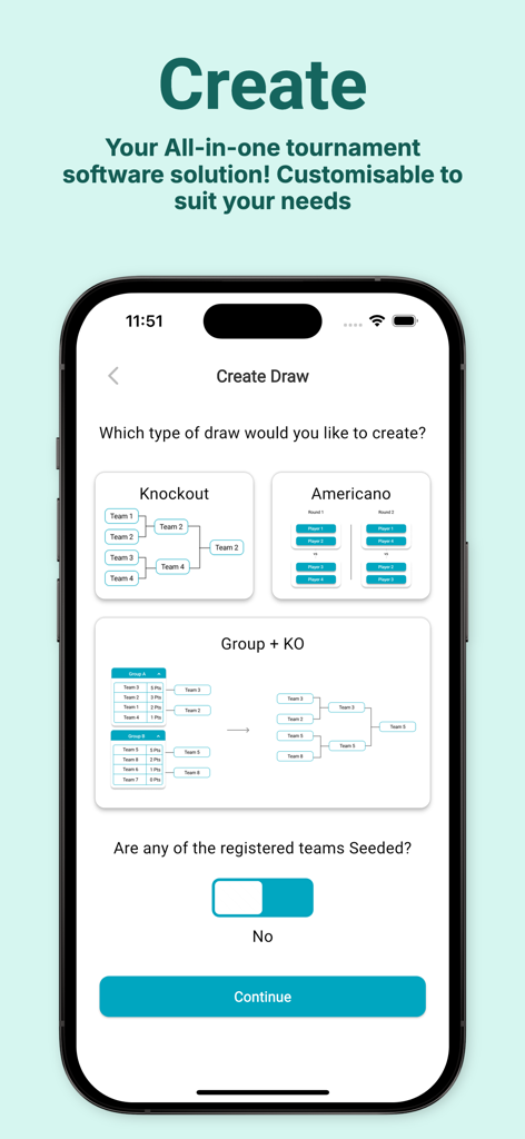 Padel Playground - Interface para criar sorteios de torneios de padel com opções de formato como Eliminatório e Americano