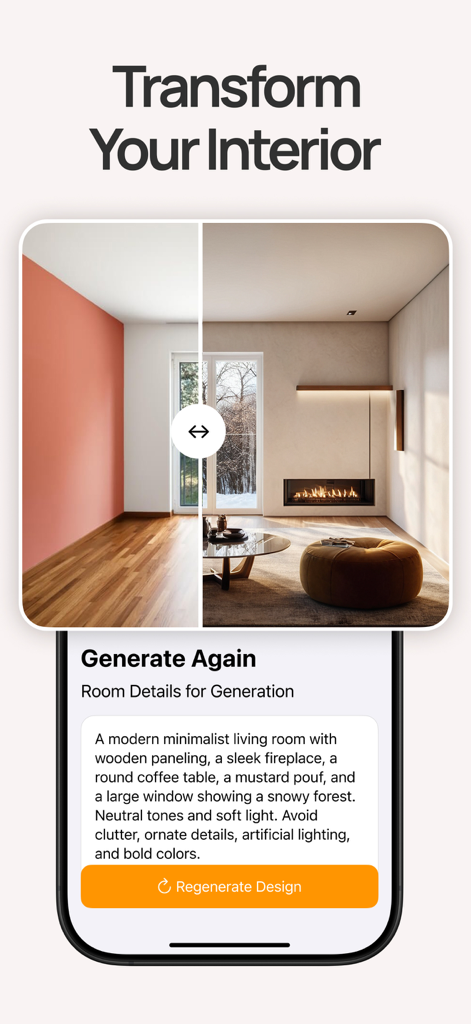 Comparaison avant-après montrant une pièce vide transformée en un salon moderne et minimaliste avec une cheminée à l'aide de l'IA.