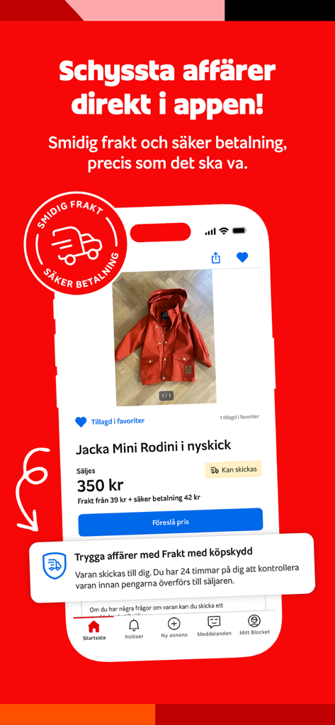 Blocket – köp & sälj begagnat - Interface da app Blocket mostrando um anúncio de roupa com funcionalidades integradas de pagamento seguro e envio