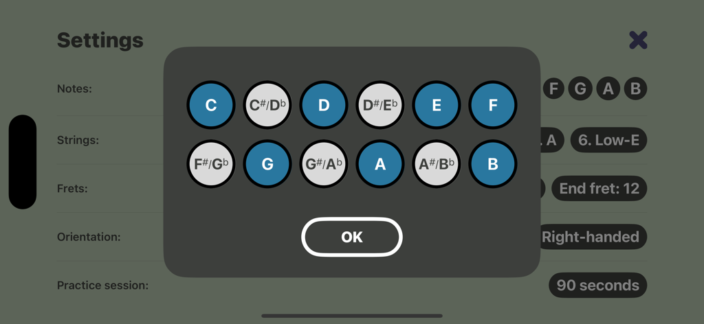 GuitarNotes - Master Fretboard - GuitarNotes app settings screen showing a pop-up menu for selecting musical notes to practice on the guitar fretboard.