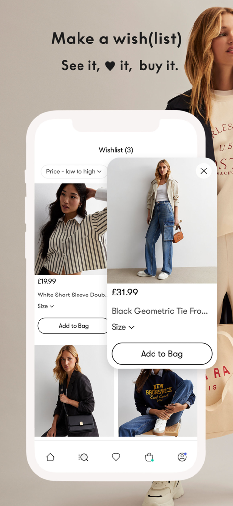 Tela de lista de desejos no app New Look Fashion Online com looks salvos e opção de adicionar ao carrinho.