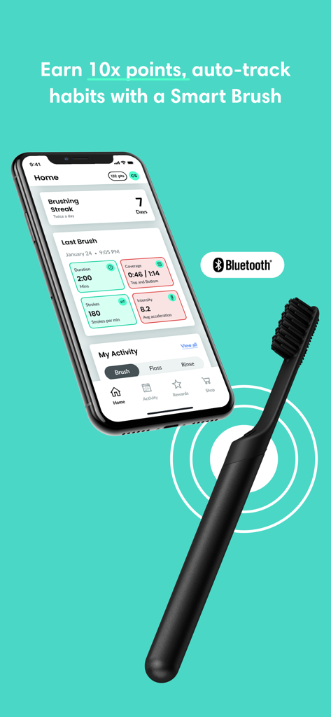 quip: Oral Care Companion - Smartphone mit quip-App Putzstatistiken neben einer elektrischen Zahnbürste.